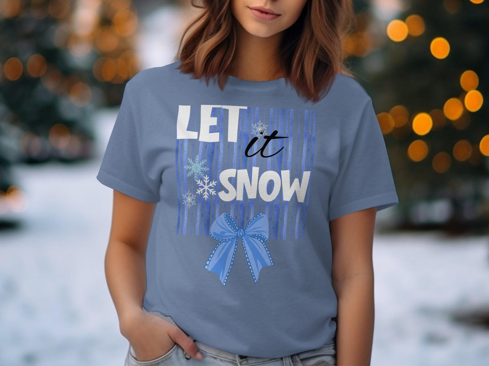 Let It Snow T-Shirt, Christmas Winter Wonderland Shirt with Faux Snowflakes & Bow, Cozy Holiday Gift for Her, Festive Season Apparel, Blue M