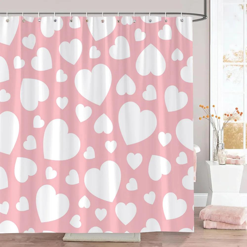 Rosa Herz Duschvorhang Weihnachtsgeschenk Geometrische Linien Schlicht Modern Polyesterstoff Duschvorhänge Badezimmerdeko mit Haken