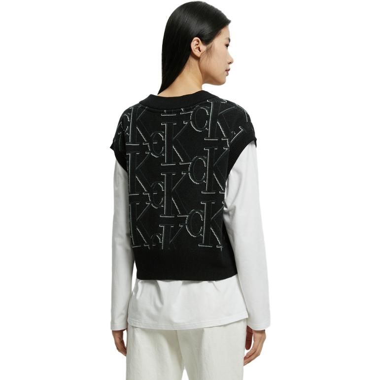 Calvin Klein V-Neck Allover Print Knitted Vest Women Tops Black J220099