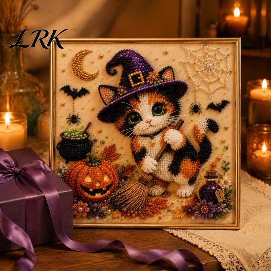 Halloween Home Decorations Witch Hat Cat DIY 3D Pearl Painting Kit with Frame, Hand-Pasted Art Craft for Adults, Relaxing Personalized Gifts