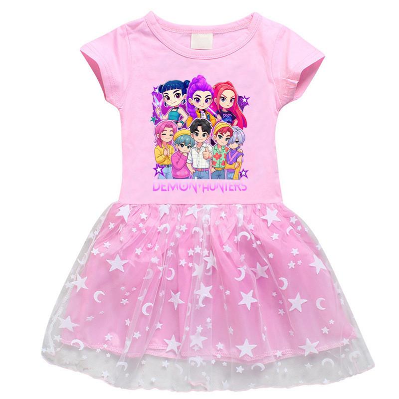 Girls Kpop Mira Zoey Rumi Hunters Print Round Neck Cotton Mesh Dress