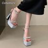 15CM Silver Platform Sandals Crystal Ankle Straps Square Toe Fashion Ladies Dress Shoes Chunky High Heel Women's Sandals Size 34