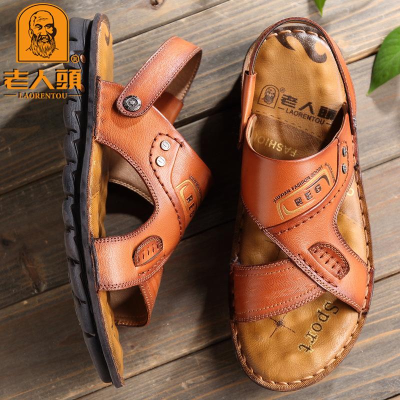 Old man head sandals men's 2024 summer new first-layer cowhide casual beach shoes genuine leather thick-soled non-slip cool slippers
