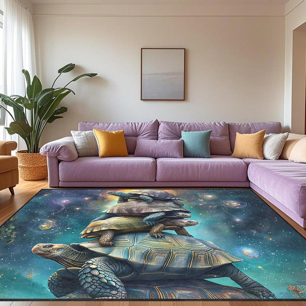 Funny Sea Turtle Rug for Kids Room, Galaxy Ocean Theme Carpet, Cartoon Playroom Floor Mat, Non-Slip Bedroom Rug