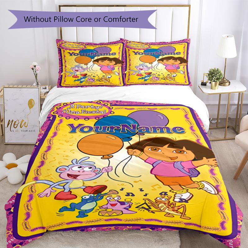 Dora Explorer Customize Your Name Bedding Set Breathable Duvet Cover with Pillowcases Home Decoration Birthday Gift