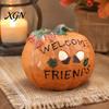 Halloween Harvest Table Decor Pumpkin Figurine, Resin Welcome Ornament, Autumn Thanksgiving Rustic Home Tabletop Centerpiece for Entryway Patio, Cute