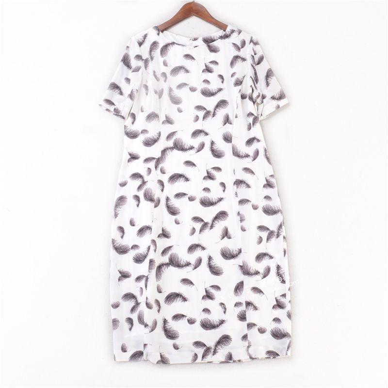 

26794 Summer New Arrival European and American Fashion Classics Feather Print Refreshing Elegant Elegance White Silk Dress White L