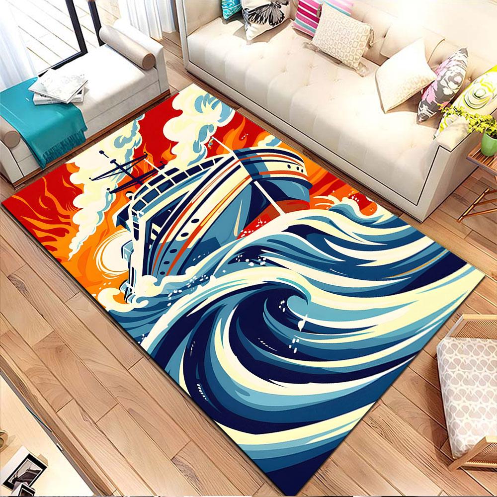 Ocean Adventure Ship Art Patterned carpet, non slip mat suitable for living room and bedroom sofas