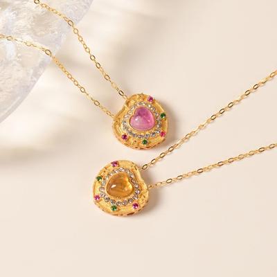 S925 Sterling Silver Tourmaline Heart Pendant Necklace - Retro Light Luxury Style