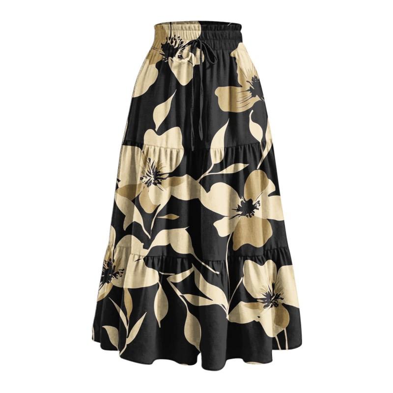 Printed Pocket Spliced Elastic Waist Midi Skirt Women Elegant Commuter Style