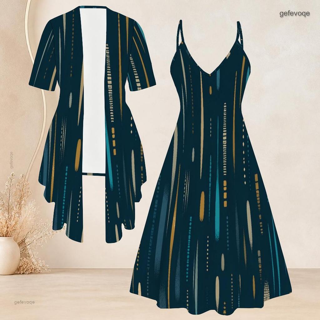 Women Plus Size Printed Two Piece Set Short Sleeve Cardigan Strappy V Neck Flared Dress