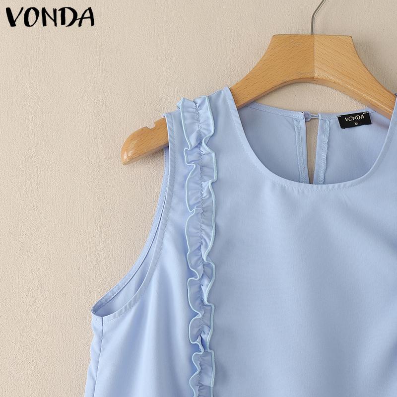 VONDA Women Round Neck Sleeveless Ruffled Casual Mini Tank Dress with Pockets