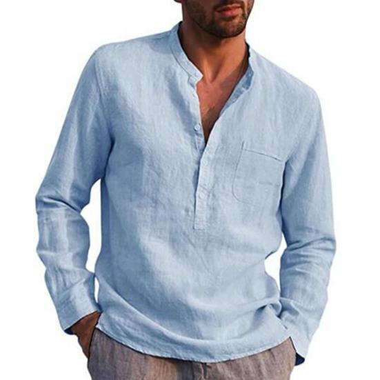 Men Shirt Solid Color Stand Collar Button Casual Spring Top for Daily Wear