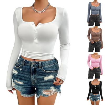 Women's Sexy Summer Scoop Neck Long Sleeve T-Shirts Button Down Slim Fitted Casual Basic Top