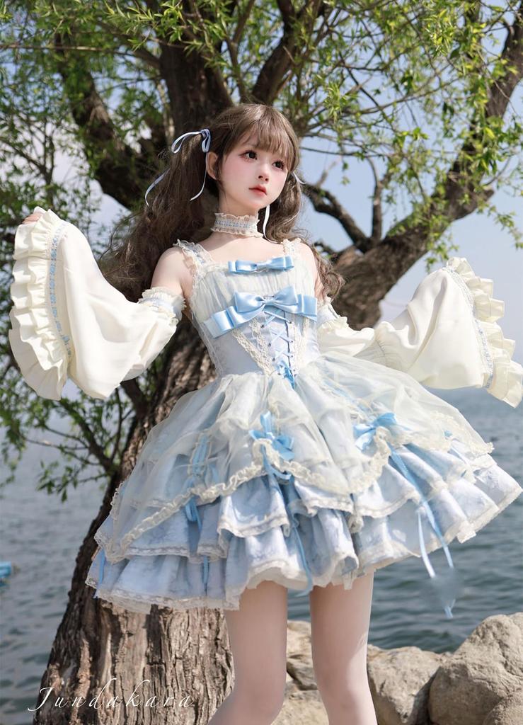Jundakara Tiered JSK Jumper Skirt with Faux Princess and Features a Perfect for Lolita and Available in Light Blue and Women's Sleeves, Choker,