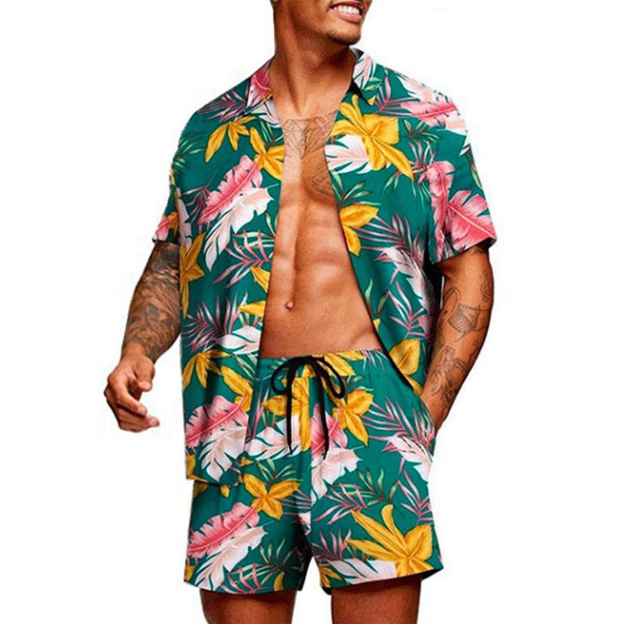 Men's Hawaiian Shirt Set Short-Sleeve Shirt Hawaiian Casual 3D Linen Palm Print Set