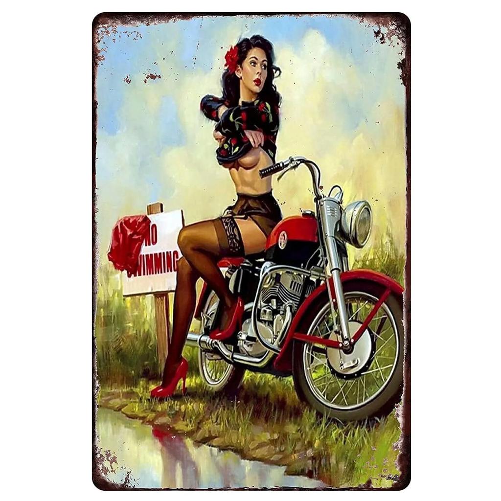 Metal Tin Signs Pin Up Girls Woman Motorcycle Vintage Funny Art Wall Decorations for Home Man Cave Garage Cafe Bars Clubs Pubs