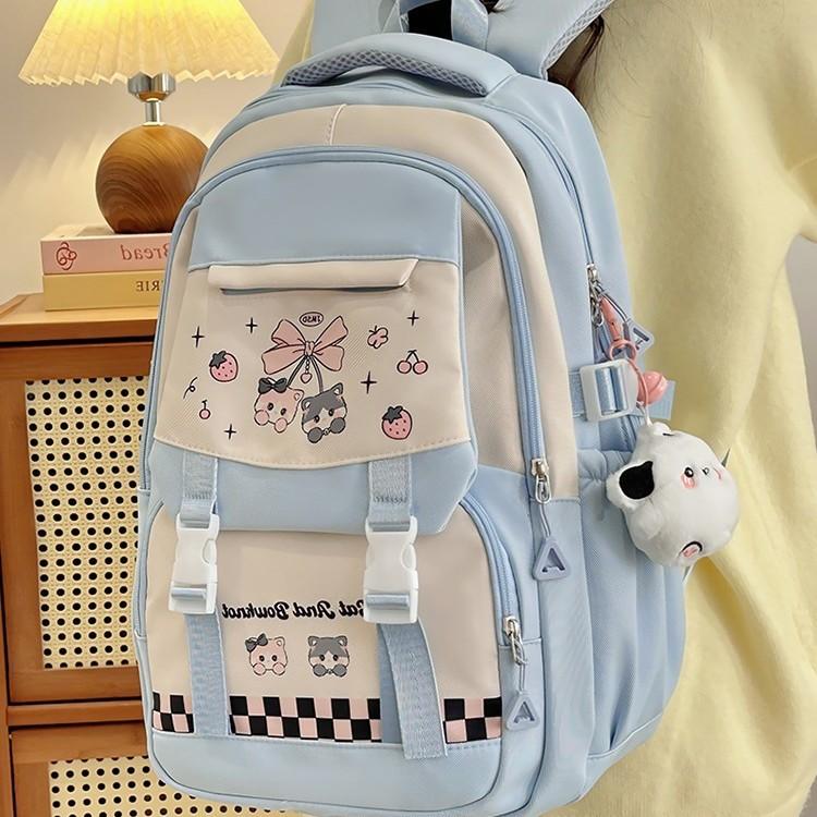 Schoolbag: Korean style cherry blossom peach pink with creamy strawberry kitten, academy style, multi-layered backpack for middle and high school