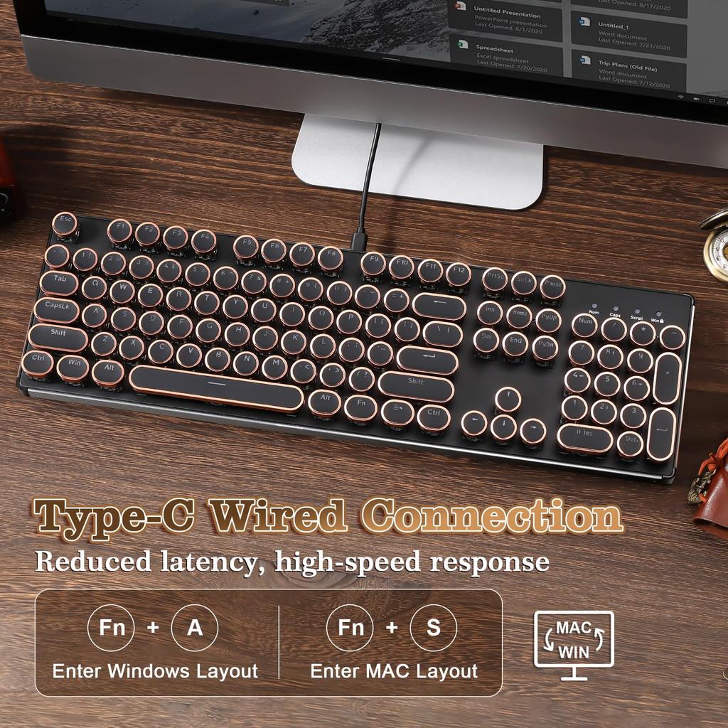 YUNZII QL108 Typewriter Mechanical Gaming RGB Metal Panel Round USB Wired Connection Onyx Keyboard, Full-Size, Hot-Swappable, Backlit, & Retro-Punk