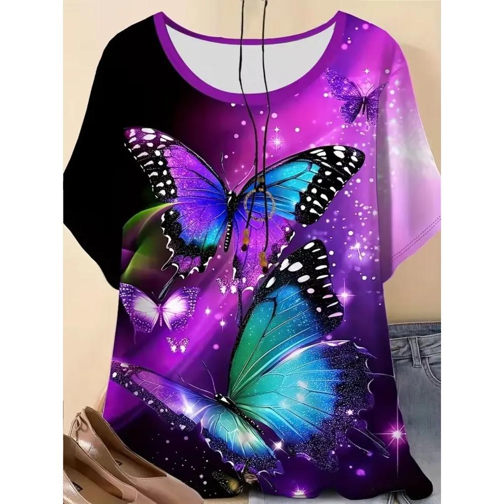 Dames T-shirt 3D Patroon Gedrukt Casual Korte Mouw Ronde Hals Top Modieuze Straat Dameskleding