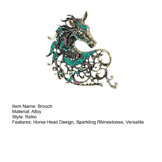 Brooch Alloy Horse Head Design Pin with Sparkling Rhinestones Retro Style