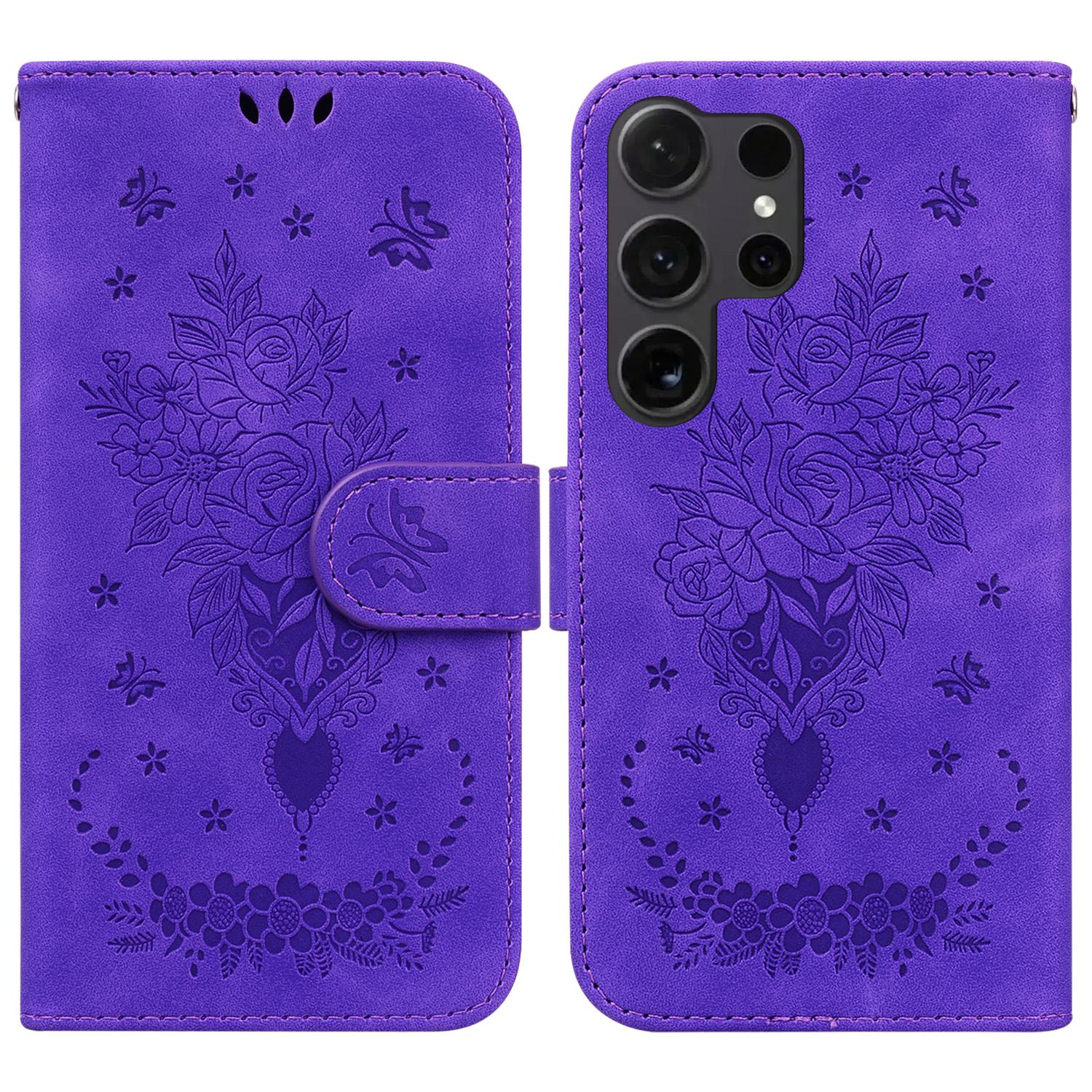 

For Samsung Galaxy S25 Ultra Case PU Leather Wallet Phone Cover Butterfly Flower Imprint B