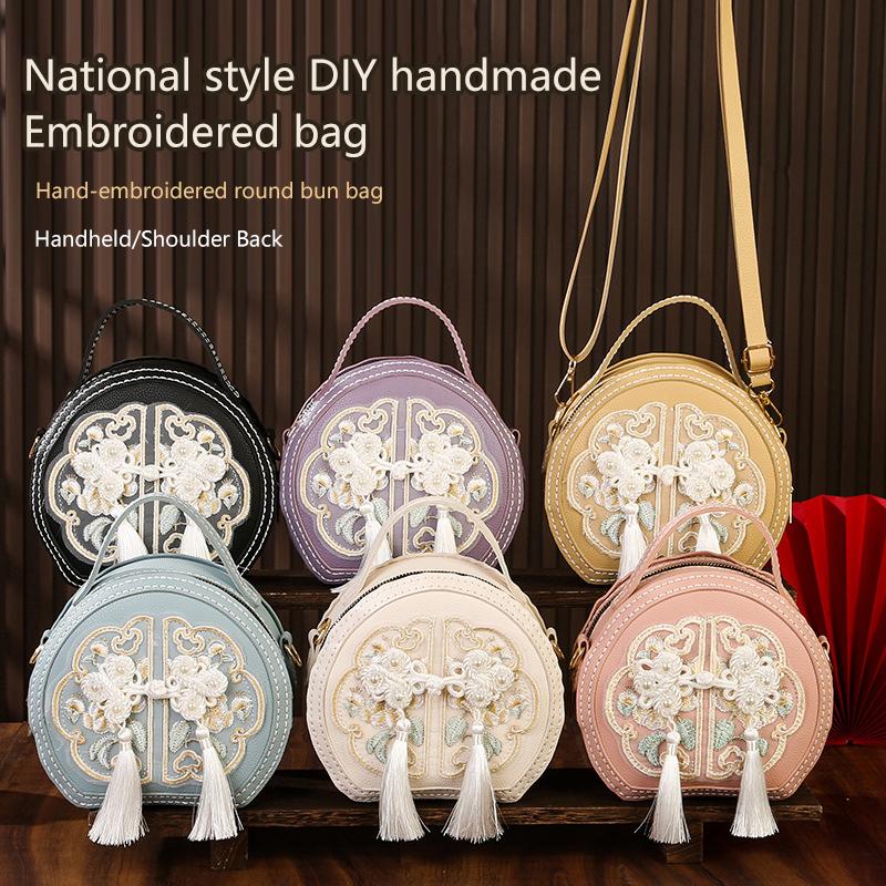 Chinese Style National Style Bag For Women  Versatile Niche Embroidered Messenger Bag Portable High-Capacity Round Bag
