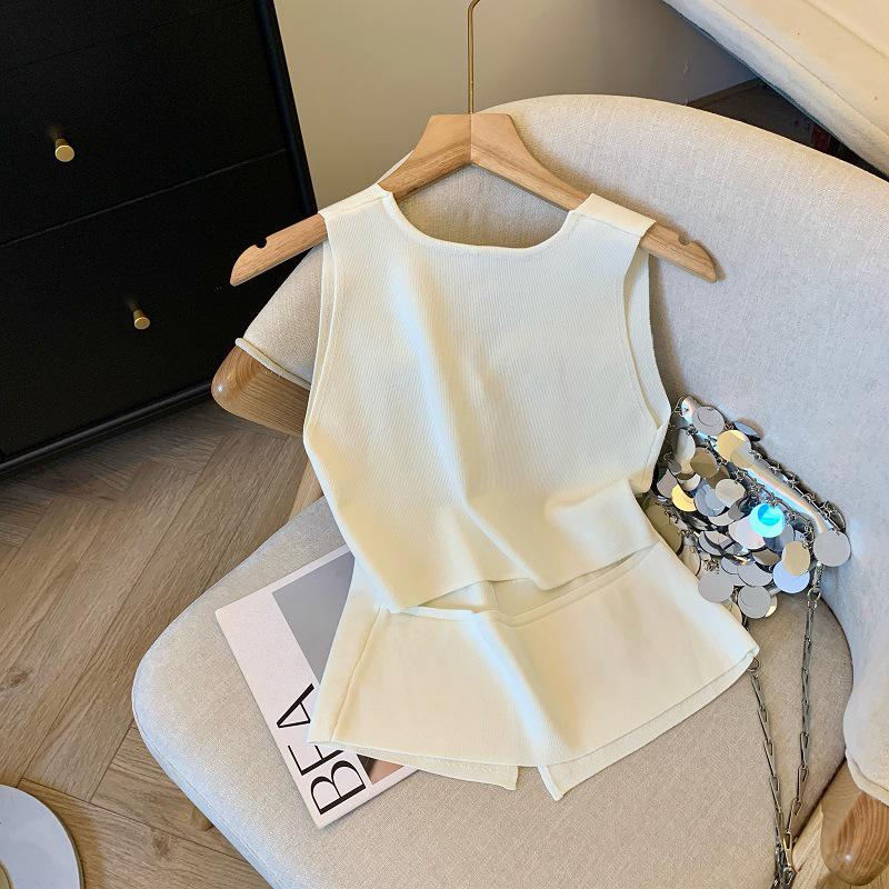 French Retro Solid Color V-Neck Sleeveless All-Match Casual Short Knitted Vest For Women
