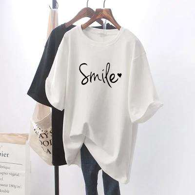 Unissex Verão 2024 Novo Estampa de Sorriso Manga Curta Explosivo Solto Branco Camiseta Top Mulheres Camiseta