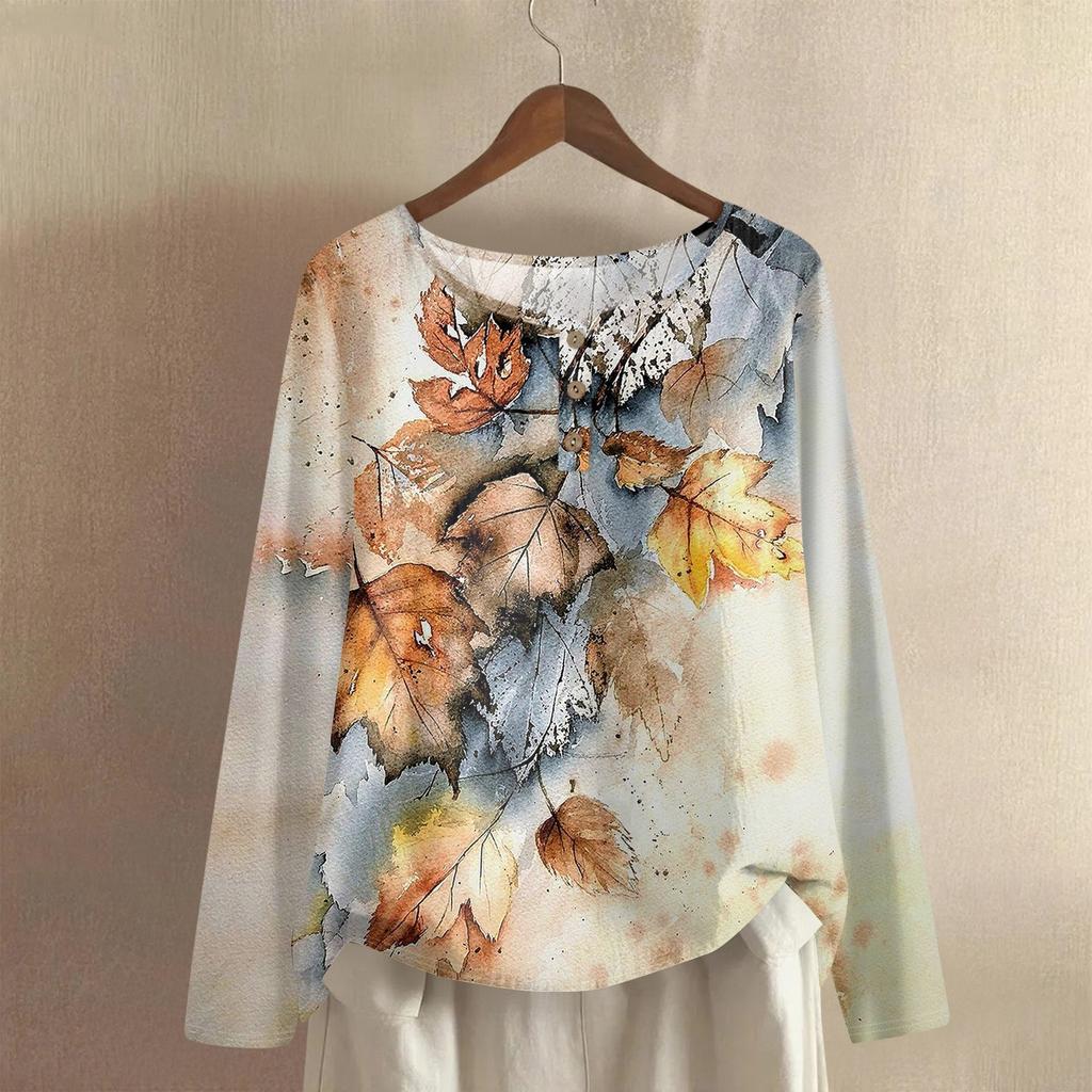 Women's Fashionable And Casual Shirt Long Sleeve Round Neck -color Cotton And Linen Blouse Top