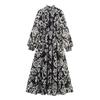 Summer Women's Printed Chiffon Long Dress with Half-High Collar and Cinched Waist.
