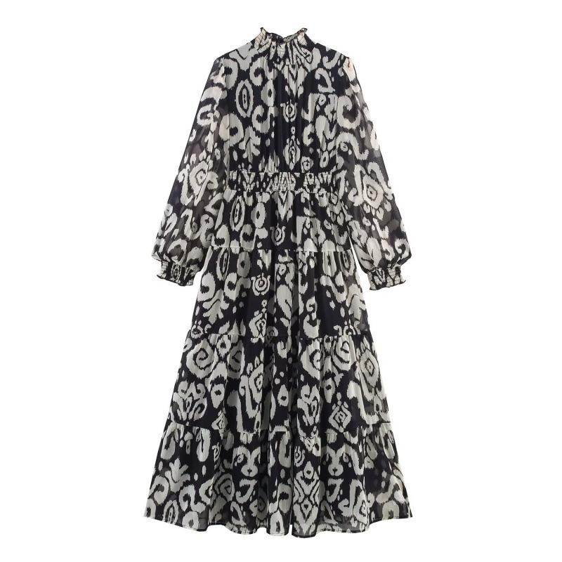 Summer Women s Printed Chiffon Long Dress with Half-High Collar and Cinched Waist. Extra Small