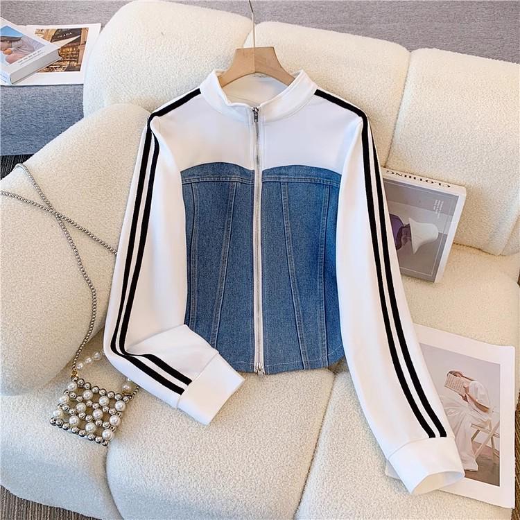 2025 European & American Denim Patchwork Zipper Two-Piece Set: Long Sleeve Top & Wide-Leg Pants for Girls, Spring & Autumn Fashion