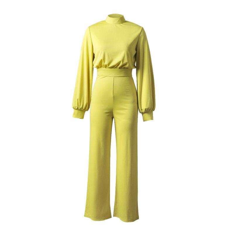 

American Spring and Autumn Cross-Border Women s Fashion Sexy Wide-Leg Pants Summer Women s Solid Color High-Neck Backless Long-Sleeve Casual Jumpsuit 8314-1 Yellow XL