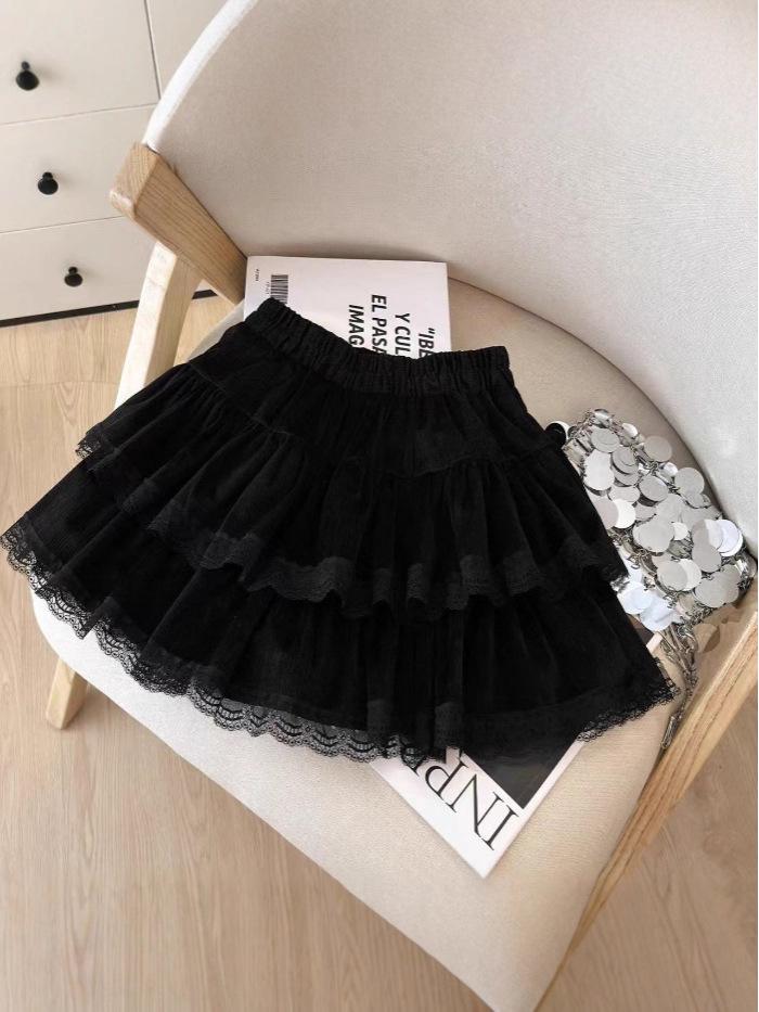 European Cotton Velvet Lace-Trimmed A-line Mini Skirt with Elastic Waist for Autumn & Winter