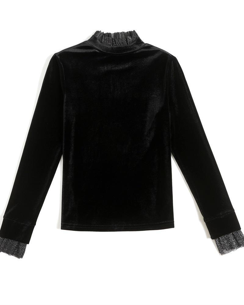 Elegant Black Velvet Top: Stand Collar, Silk Mesh Sleeves, Versatile Women's Base Shirt