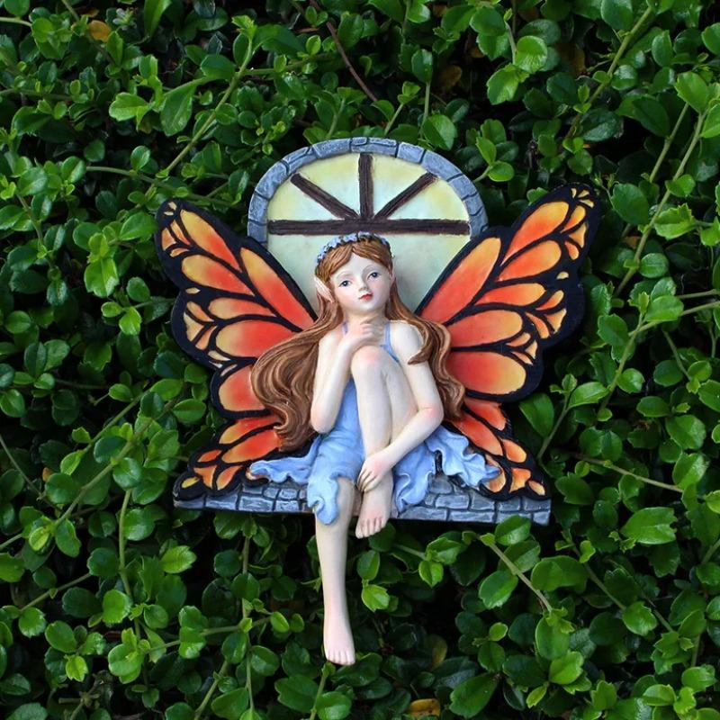 Outside the Window, the Fairy Statue Shines In the Darkness. Wall Art Sculpture, Outdoor Tree Face, Courtyard Decoration (red)