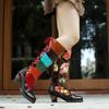 Retro Printed Patchwork Women's Long Boots Handmade Genuine Leather Lace Up Mid-calf Boots