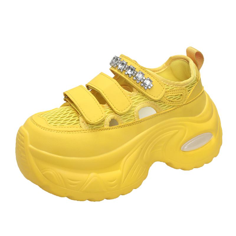 Fashion 6.5CM Breathable Hollow Leather Women Sandals Vulcanized Mesh Chunky Platform Crystal Shoes High Heels Casual Summer Sneakers