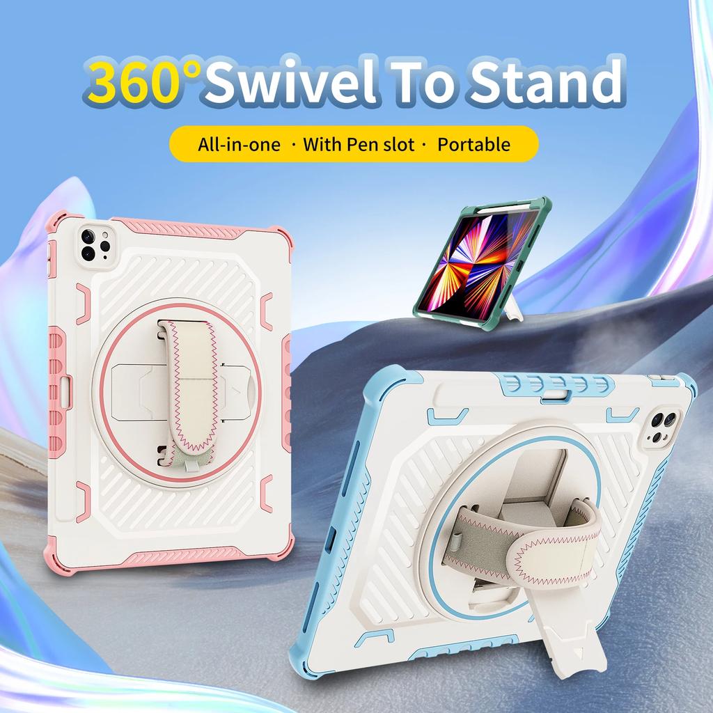 3In1 Shockproof Armor Tablet Full-Body Protect Case For IPad Pro13 M5 12.9 Air 4 5 10th A16 10.9 Kickstand Rotating Hand Strap Cover