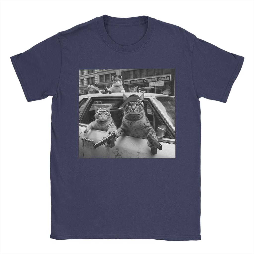 Funny Gangster Cats Street Desig T-Shirts for Men Hipster Pure Cotton Tees Round Collar Short Sleeve T Shirts Plus Size Clothes