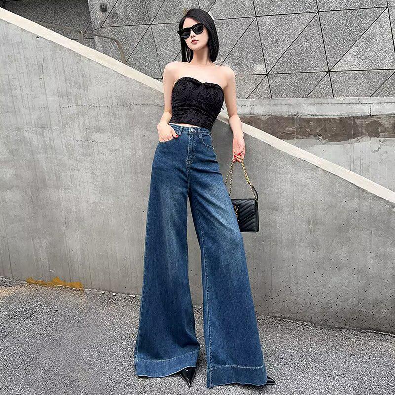Spring 2025 Women's Blue High-Waisted Wide-Leg Jeans, Loose Slimming Fit, Flared & Floor-Length