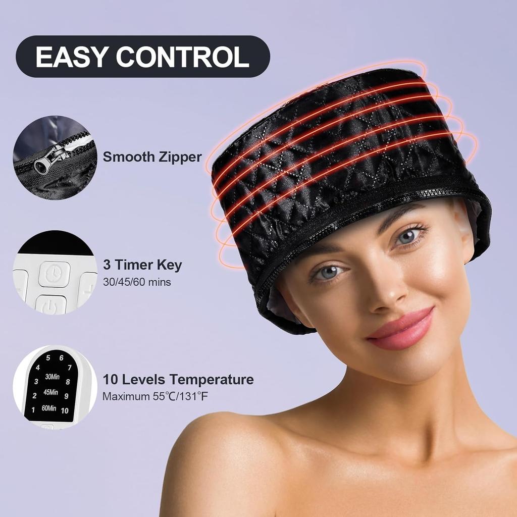 Electric Hair Steamer Cap, Hair Care Hat Heating Cap with 10 Gears Temperature and Timer Control, Thermal Heat Cap for Black Hai