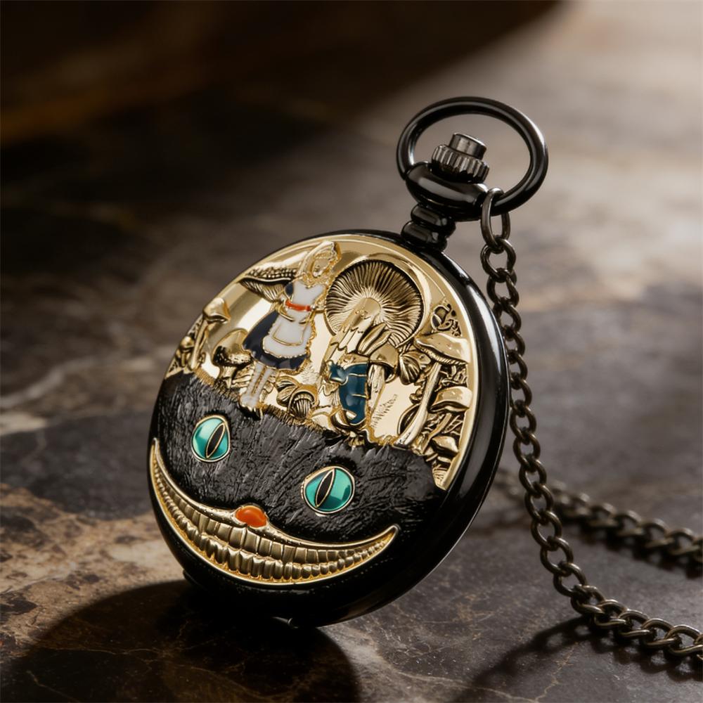 Luxury Retro Popular Black Gold Pocket Watch Enamel Fantasy Forest Character Embossed Pendant Necklace Watch for Gifts CF1760