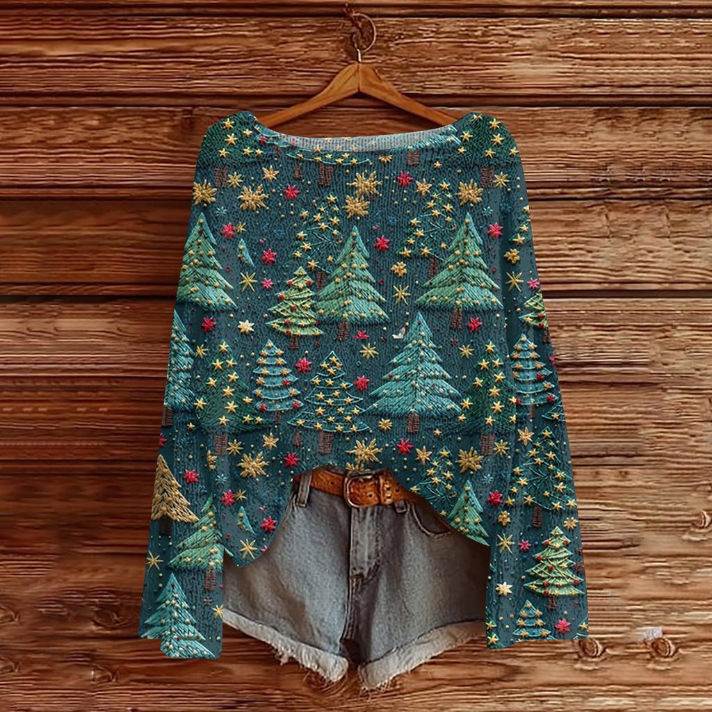 Ladies' Fashionable Casual Long Sleeved Christmas Printed Round Neck Knitted Yarn