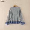 ZANZEA Womens Round Neck Casual Plaid Patchwork Long Sleeve Blouse