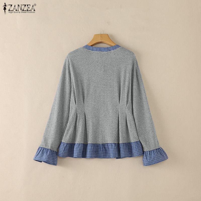 ZANZEA Womens Round Neck Casual Plaid Patchwork Long Sleeve Blouse