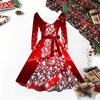 Dames Kerstpatroon Midi Jurk, Lange Mouw V‑Hals Bontrand A‑lijn Feestjurk, Kerstmis Beperkte Editie
