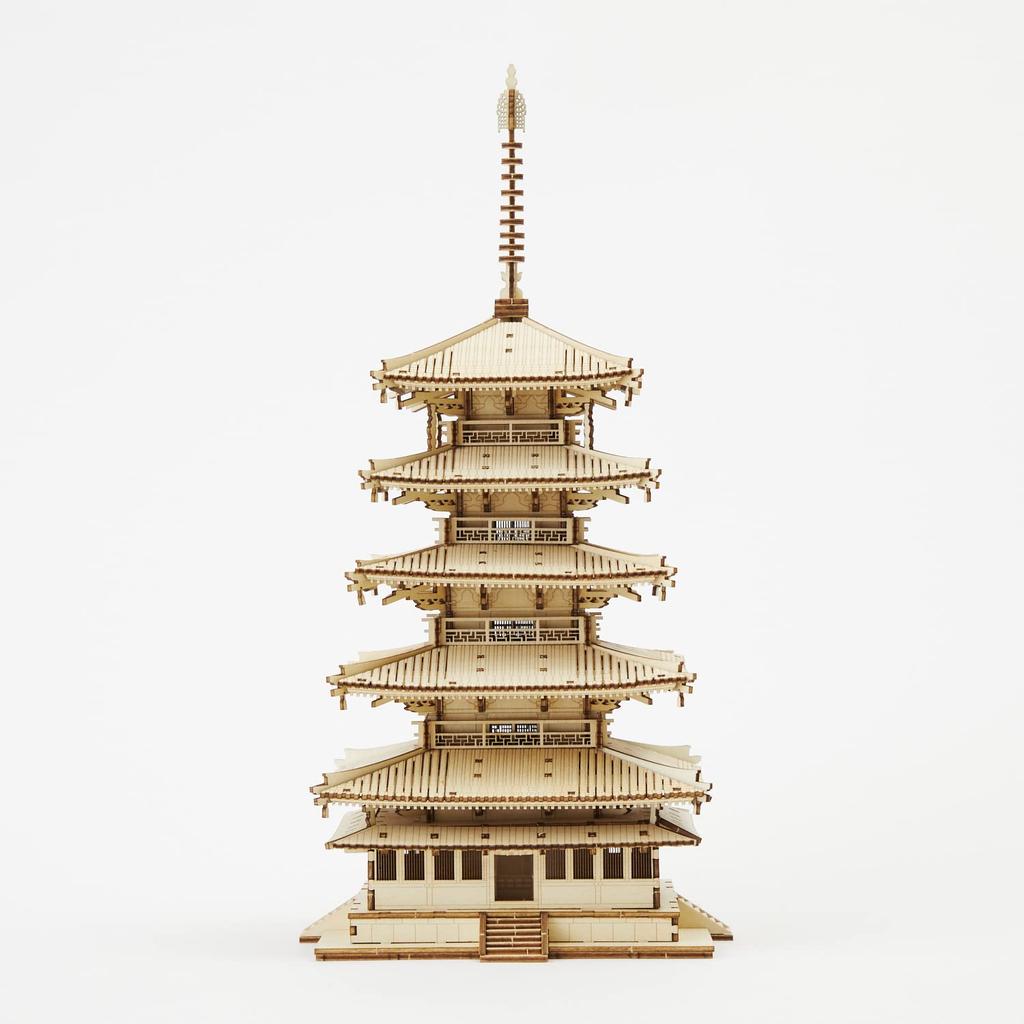 ki-gu-mi Five-Storied Pagoda - A wooden 3D puzzle DIY craft kit that can be enjoyed by elementary school children to adults - An educational toy for b