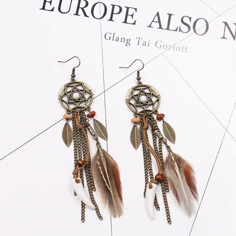 Vintage Bohemian Feather Tassel Earrings Exaggerated Ethnic Vacation Dangle Ear Jewelry Fashion Accessories For Women